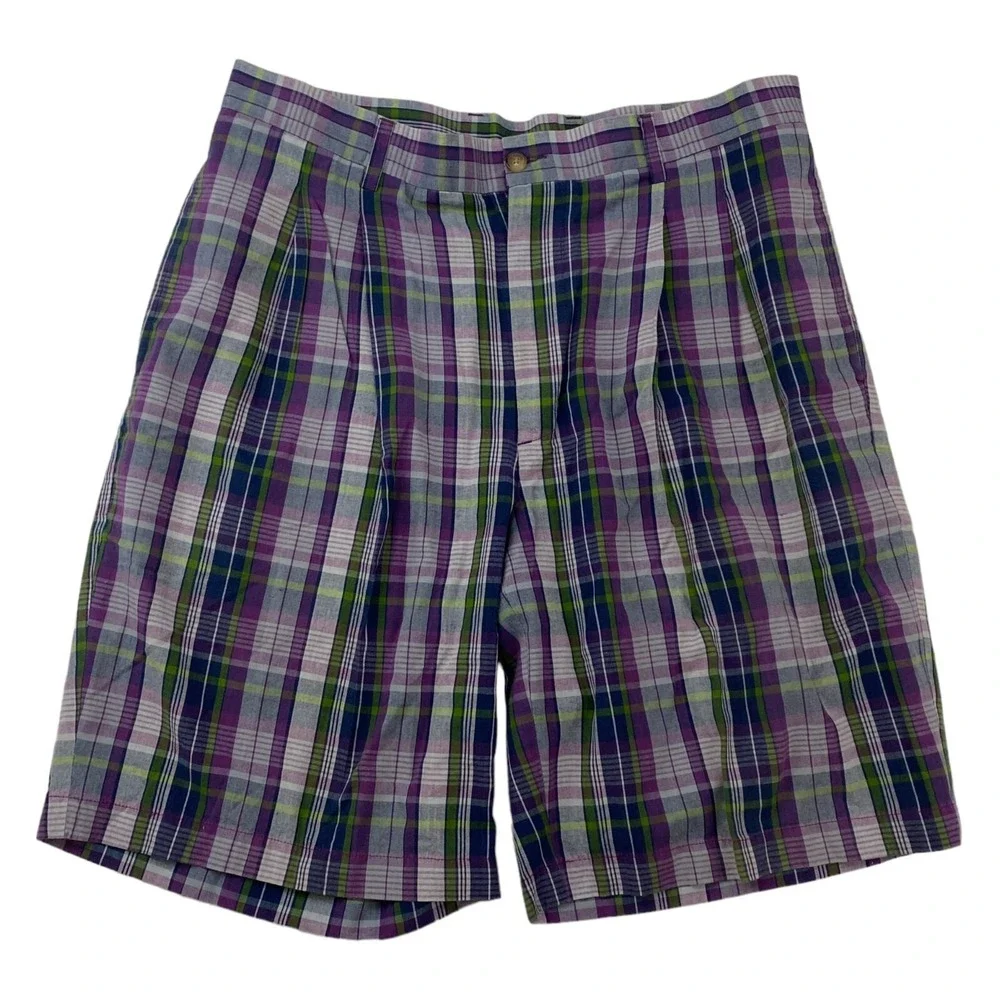 VTG Greg Norman Purple Blue Multicolor Plaid Pleated‎ Shorts Size 34 100% Cotton